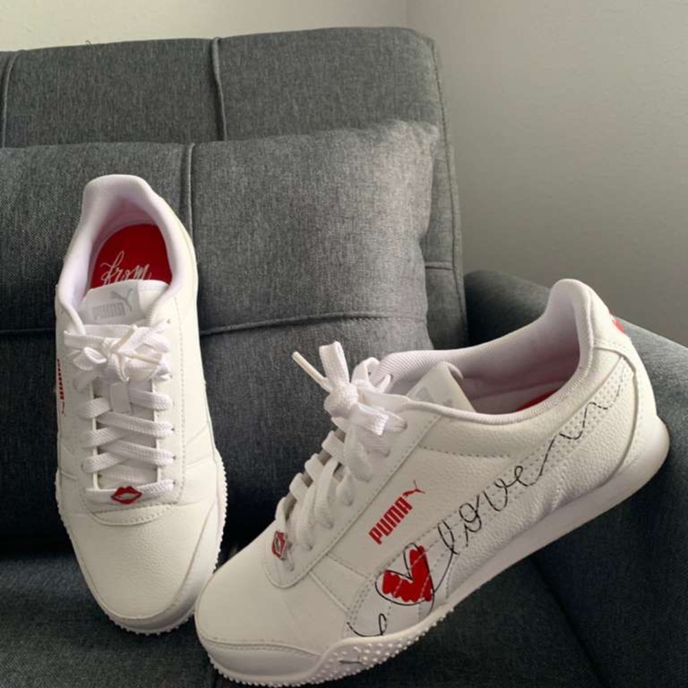 Puma Women's White Sneakers with Red Heart Accents